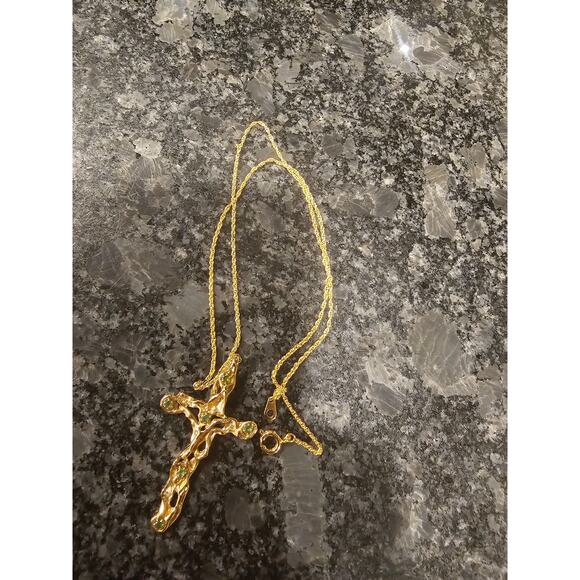 Nikolas Gold Cross Necklace with Green Stones Elegant Religious Jewelry - Picture 6 of 6